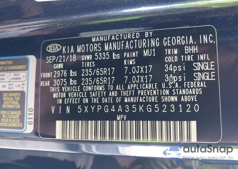 2019 Kia Sorento 2.4L Lx из США, поврежденный, VIN 5XYPG4A35KG523120